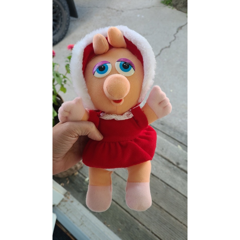 Vintage Muppet Babies Miss Piggy Plush Doll Red Dress Hooded Jim Henson‎ 80s Toy